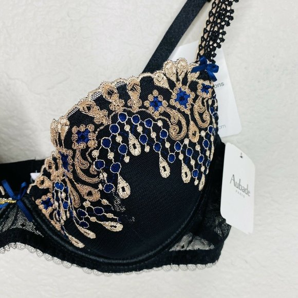 Aubade Paris Joyau Eternel Plunge Push Up Bra 36A Black Padded Embroidery Paris - Picture 9 of 11